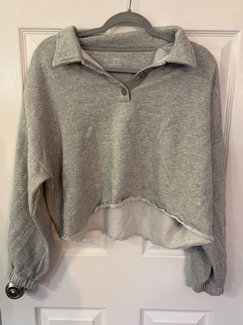 Aerie Heather Grey Cropped Button-Front Sweatshirt